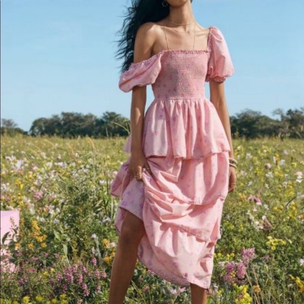 NWT - LoveShackFancy Pink Tiered Off-Shoulder Midi Dress